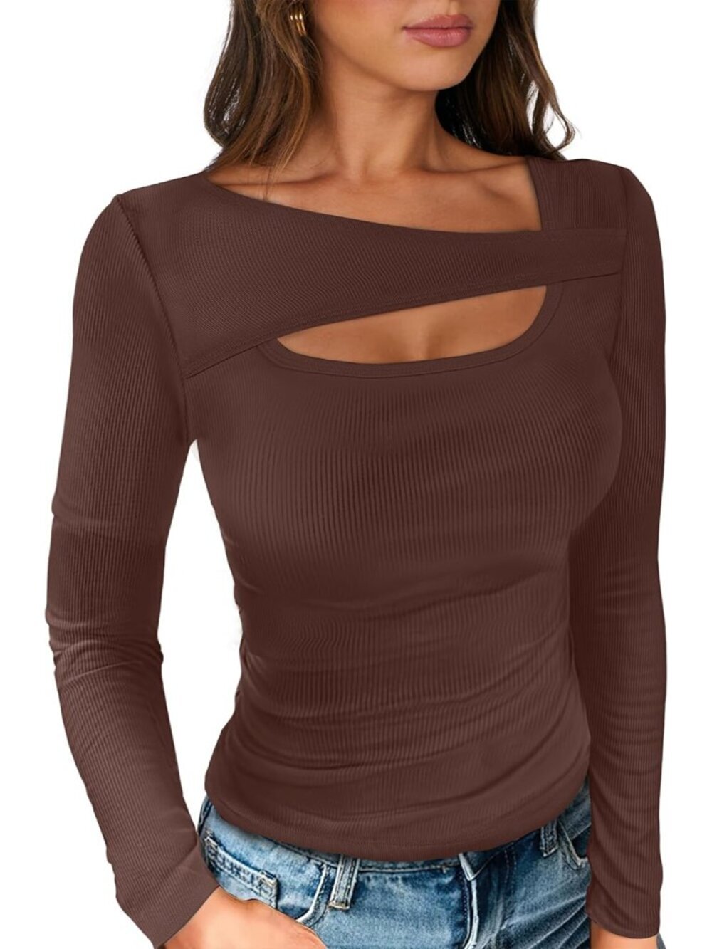 Womens Cutout Tops Trendy Sexy Long Sleeve Shirts Ribbed Slim Fit Tee 2025 Fall